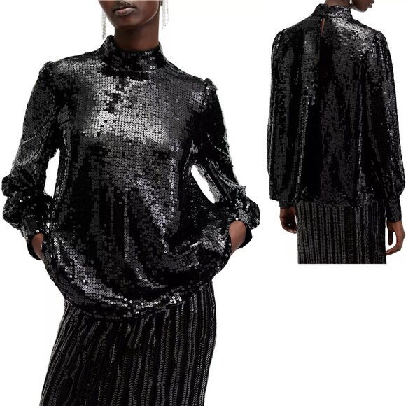 NWT New AllSaints Whitney Sequin High-Neck Blouse Size 12 - Picture 2 of 13